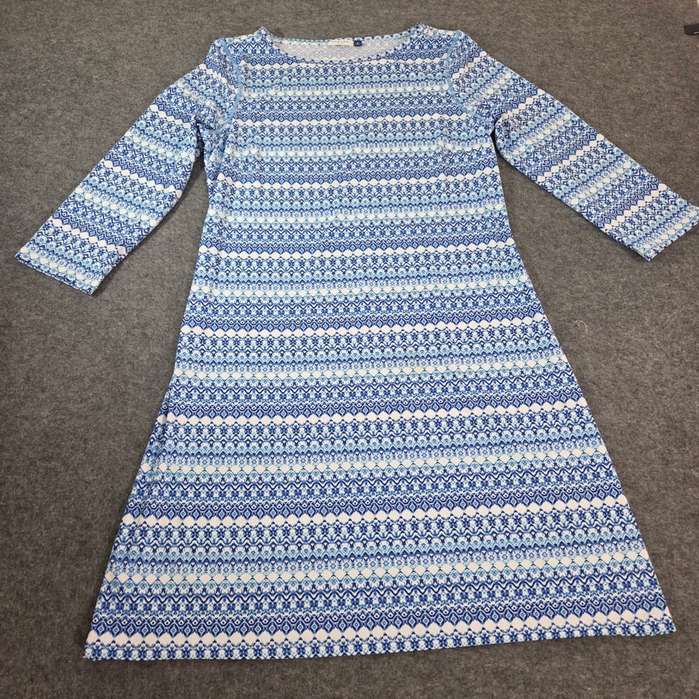 Cabana Life Womens Blue White Geometric Print 3/4 Sleeve Shift Dress M